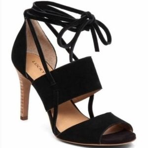 EUC Lucky Brand Wrap Ankle Suade Wood Heels